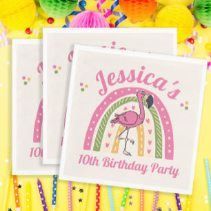 Serviette En Papier Anniversaire Fille Flamant Rose Arc-en-Ciel Nom Da