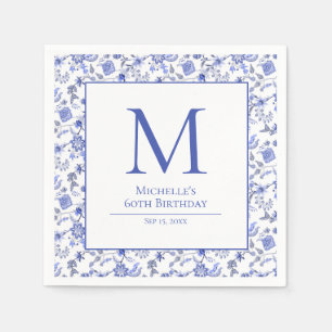 Serviette En Papier Anniversaire Fleurie Bleue Blanche Monogramme Vint