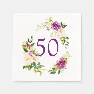 Serviette En Papier Anniversaire floral d'aquarelle cinquantième