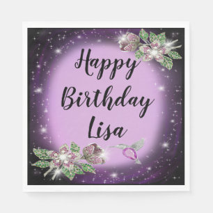 Serviette En Papier Anniversaire floral pourpre d'oiseau de Bling