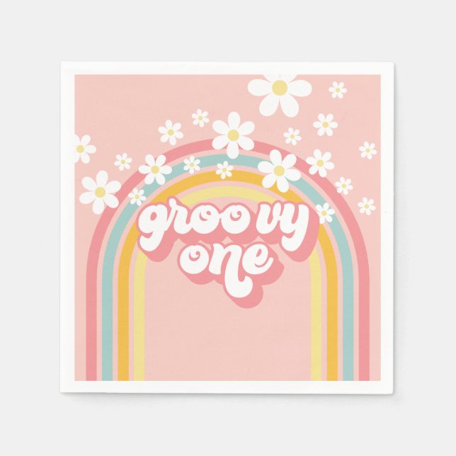 Serviette En Papier Anniversaire Groovy Retro Rainbow 1 an (Devant)