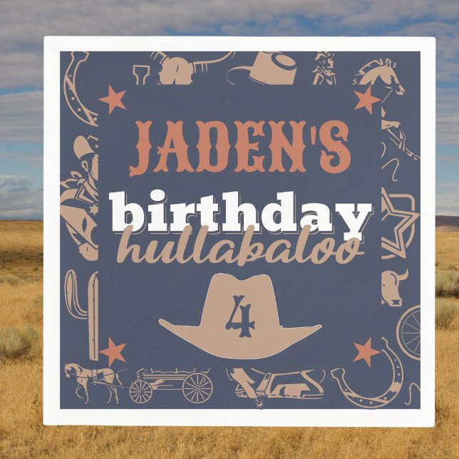 Serviette En Papier "Anniversaire Hullabaloo" Western Cowboy Party (cowboy western Wild West cowboy hat birthday hullabaloo party napkin blue white orange)
