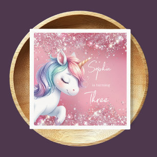 Serviette En Papier Anniversaire Licorne Arc-en-ciel Paillettes Roses