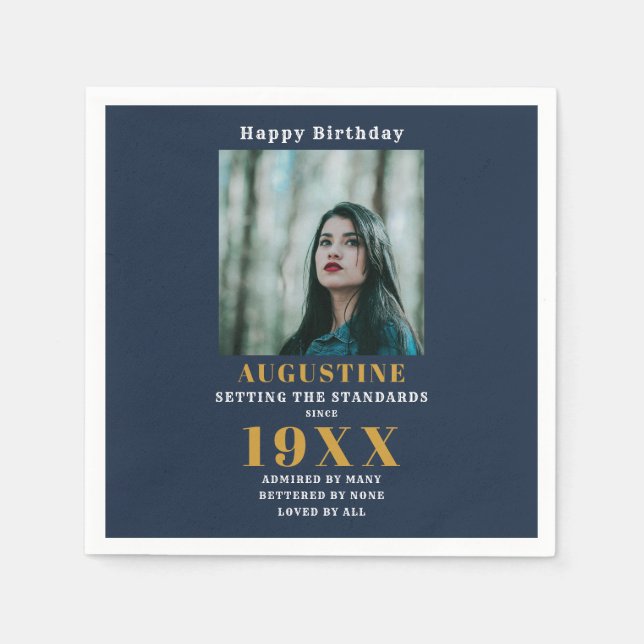 Serviette En Papier Anniversaire Modèle photo Elegant Chic Gold Blue (Devant)