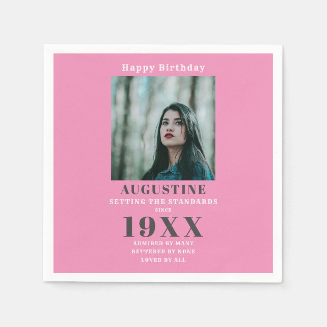 Serviette En Papier Anniversaire Modèle photo Élégante fille rose gris (Devant)