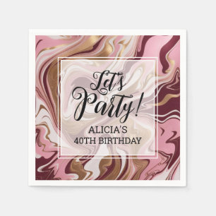 Serviette En Papier Anniversaire moderne de marbre rose bordeaux doré