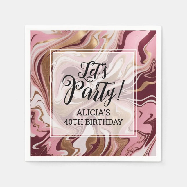 Serviette En Papier Anniversaire moderne de marbre rose bordeaux doré (Devant)