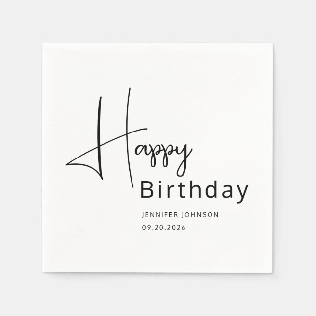 Serviette En Papier Anniversaire Moderne Écriture Noir & Blanc (Devant)