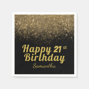 Serviette En Papier Anniversaire Moderne Noir et Doré Pailleté pour To