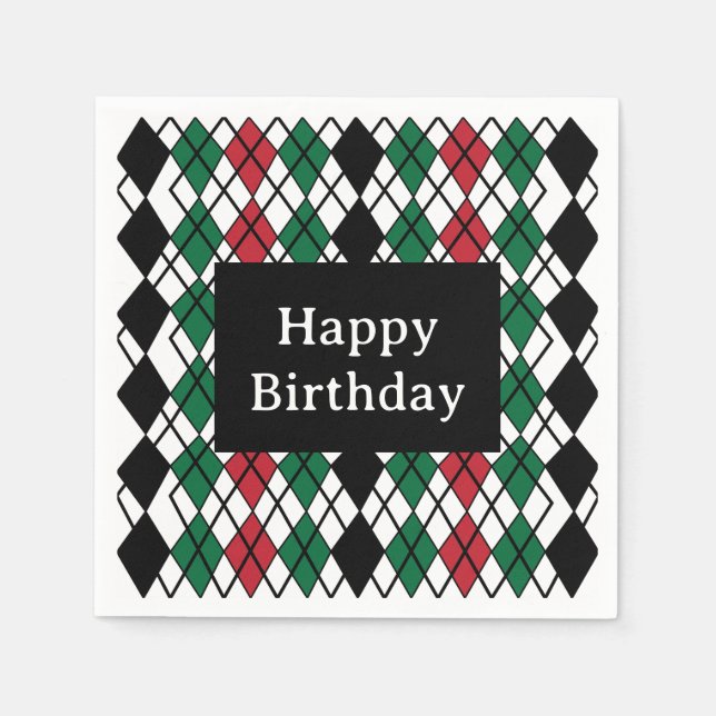 Serviette En Papier Anniversaire Motif Argyle Noir Vert Rouge (Devant)