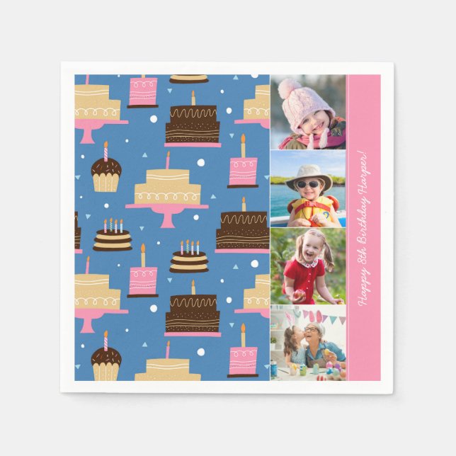 Serviette En Papier Anniversaire Motif de gâteau Nom personnalisé + Ph (Devant)