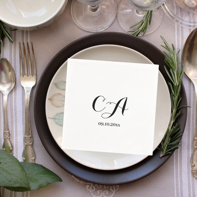 Serviette En Papier Anniversaire noir blanc de monogramme (Créateur téléchargé)