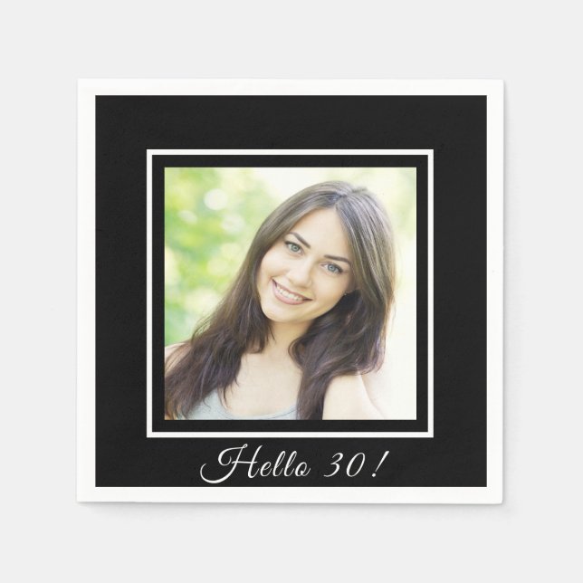 Serviette En Papier Anniversaire noir blanc photo simple élégant (Devant)