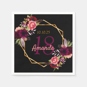 Serviette En Papier Anniversaire noir bordeaux or floral géométrique