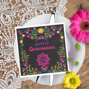Serviette En Papier Anniversaire noir mexicain de fleurs de fiesta de