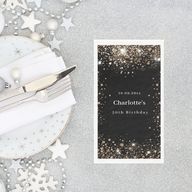 Serviette En Papier Anniversaire noir or parties scintillant nom (Créateur téléchargé)