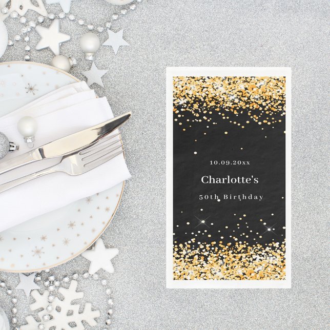 Serviette En Papier Anniversaire nom de confetti en or noir (Créateur téléchargé)