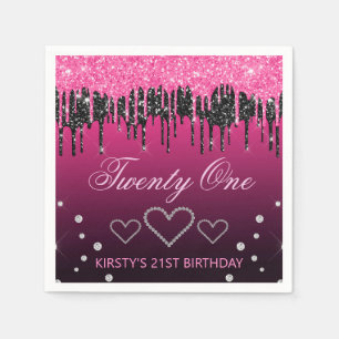 Serviette En Papier Anniversaire Paillettes Noires et Roses Glamour