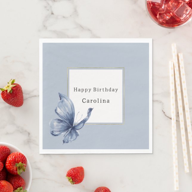 Serviette En Papier Anniversaire Papillon Bleu (En situation)