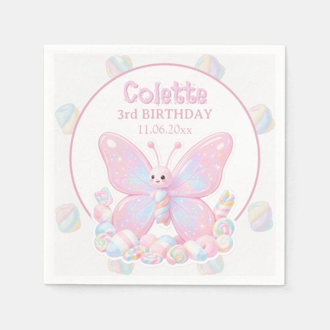 Serviette En Papier Anniversaire Papillon Fraise Rose (Devant)