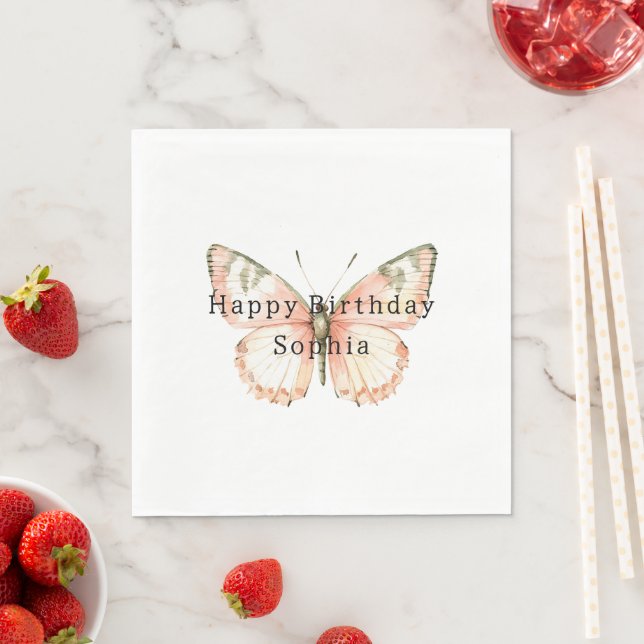 Serviette En Papier Anniversaire Papillon Rose Féminin (En situation)