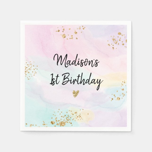 Serviette En Papier Anniversaire Pastel Rainbow Pink Gold (Devant)