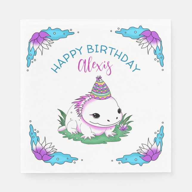Serviette En Papier Anniversaire Personnalisé Fille Axolotl Thème (Devant)