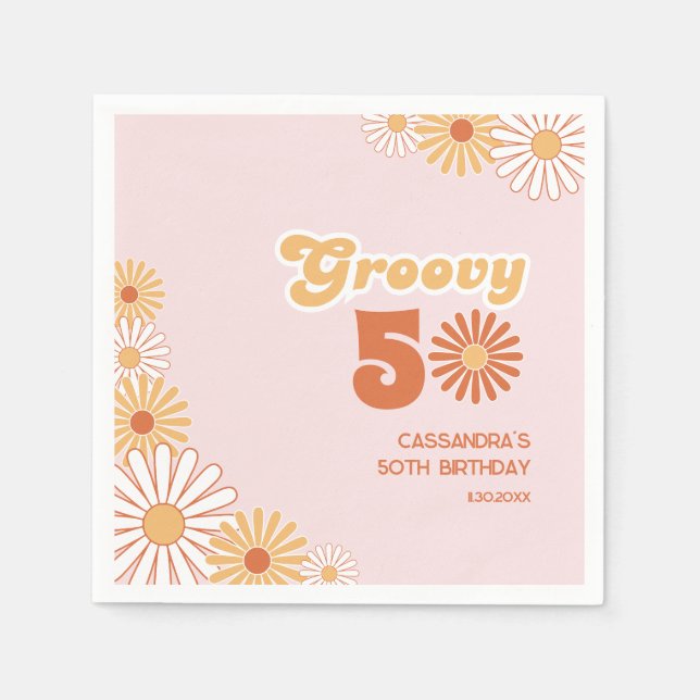 Serviette En Papier Anniversaire Rétro Daisy Boho Orange Rose 50 ans (Devant)