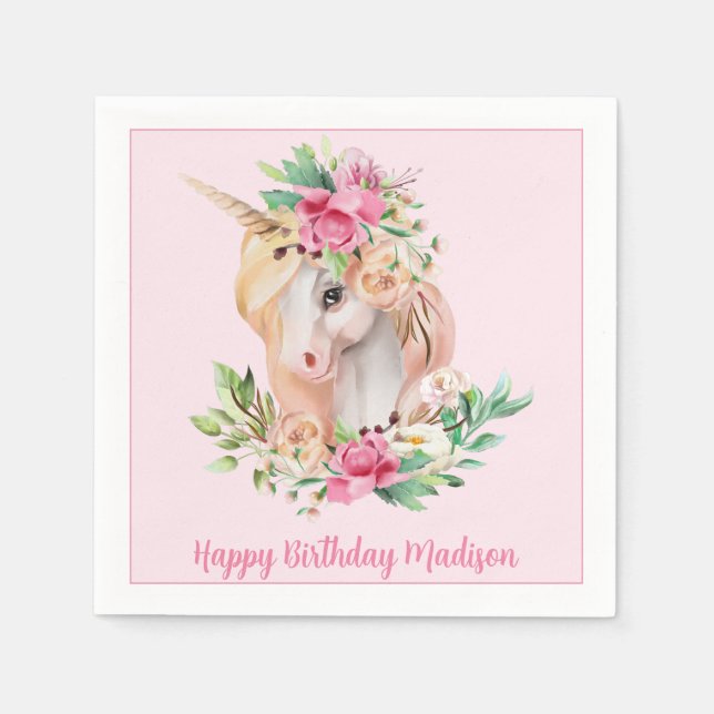 Serviette En Papier Anniversaire rose de la licorne (Devant)