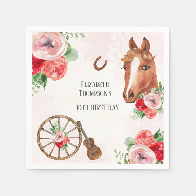 Serviette En Papier Anniversaire rose du cheval (Devant)