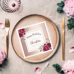 Serviette En Papier Anniversaire rose or bourgogne floral monogramme n