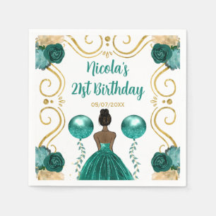 Serviette En Papier Anniversaire Soirée noire Princesse en Turquoise