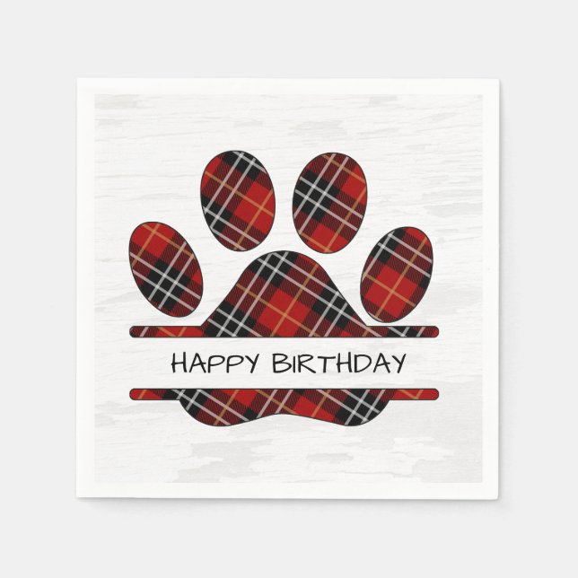 Serviette En Papier Anniversaire Tartan Plaid Empreinte de patte (Devant)