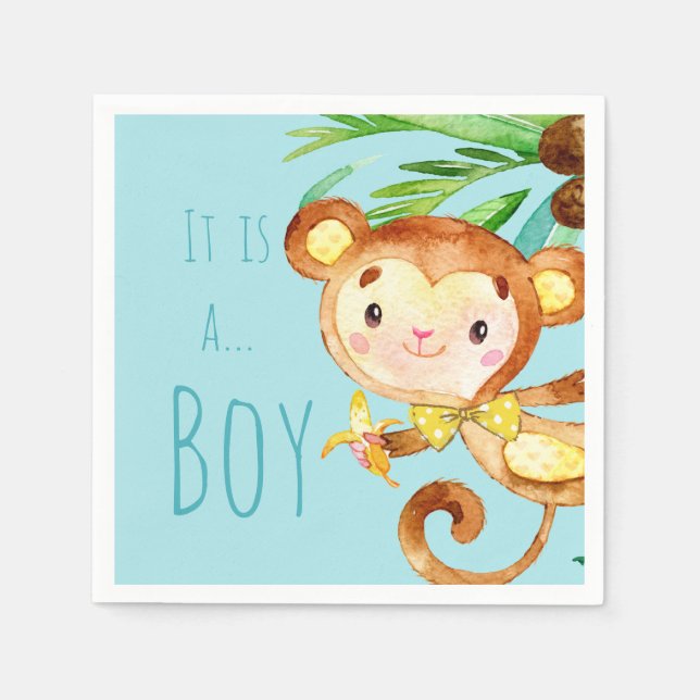 Serviette En Papier Annonce Bébé Garçon Singe Mignon Bleu 2 (Devant)
