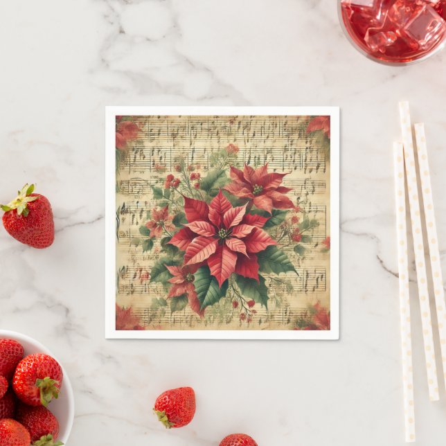 Serviette En Papier Antique Partition Musique Holiday Poinsettia Décou (En situation)