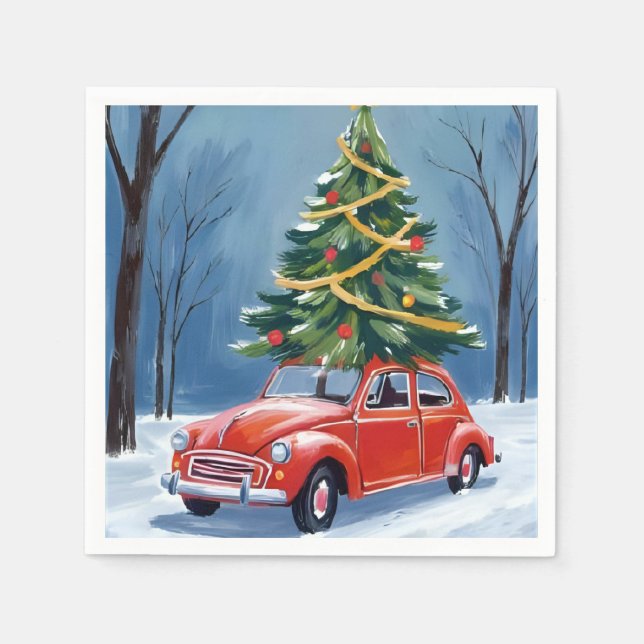 Serviette En Papier Antique Red Car Christmas Tree Holiday (Devant)