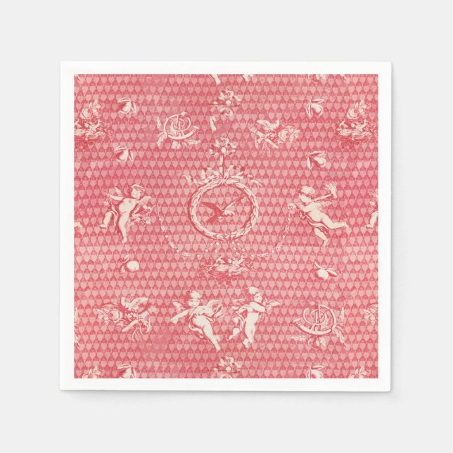 Serviette En Papier Antique rose rouge Anges et Coeurs cupides (Devant)
