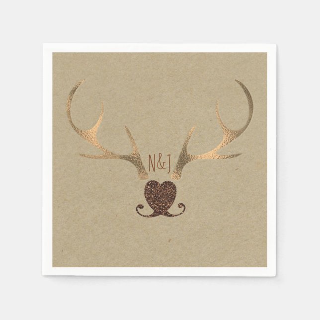 Serviette En Papier Antlers or et Mariage Brown papier rustique (Devant)