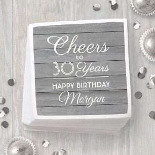 Serviette En Papier ANY Birthday Cheers Rustic Wood Elegant Gray White