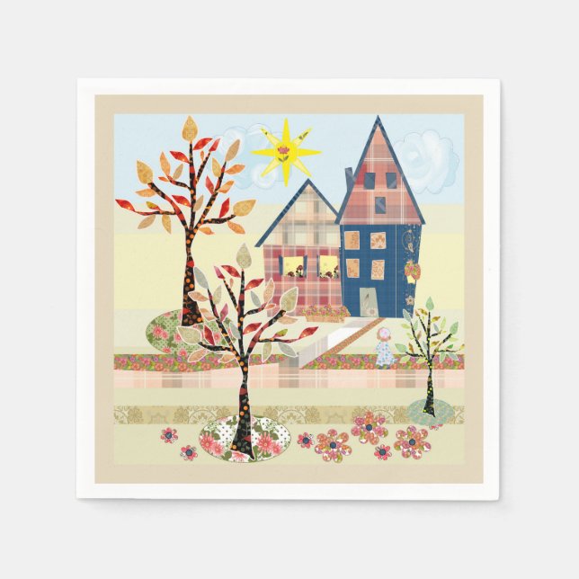 Serviette En Papier Applique, maisons, village (Devant)