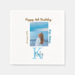 Serviette En Papier Aqua bleu brun heureux nom de la photo 16e anniver