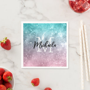 Serviette En Papier Aqua bleu Rose ombré galaxie abstraite Monogramme
