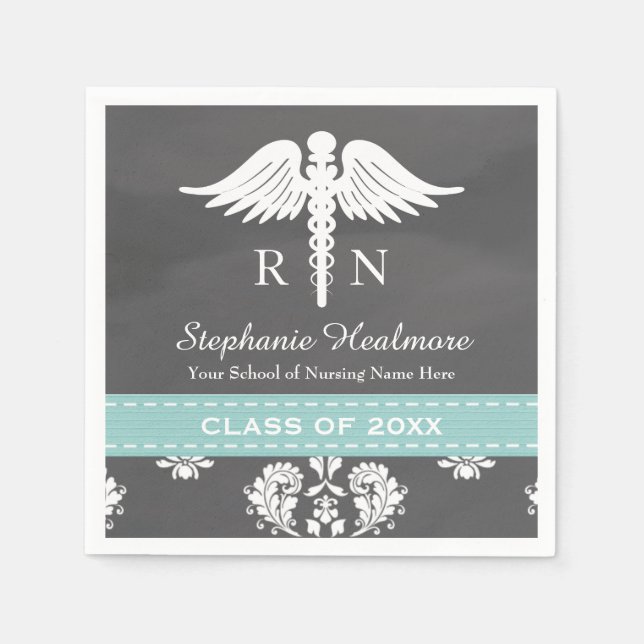 Serviette En Papier Aqua Blue Chalkboard Caduceus Nurse Graduation (Devant)