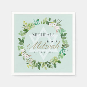 SERVIETTE EN PAPIER AQUA BLUE FOLIAGE WREATSTAR BAR BAT MITZVAH