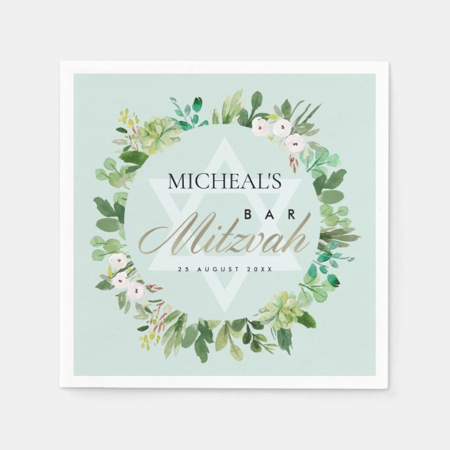SERVIETTE EN PAPIER AQUA BLUE FOLIAGE WREATSTAR BAR BAT MITZVAH (Devant)