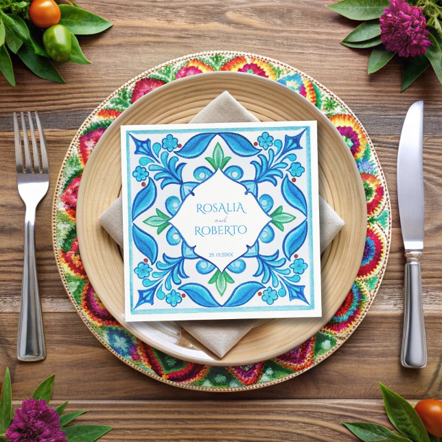 Serviette En Papier Aqua Blue Talavera tuiles mariage monogrammé (Aqua Blue Talavera tiles monogrammed wedding Napkins template vintage Mexican wedding table decor)