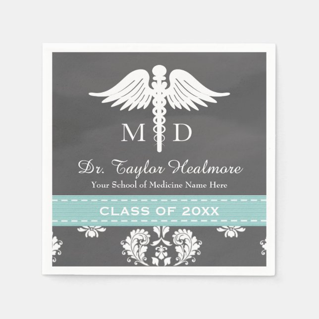 Serviette En Papier Aqua Chalkboard Caduceus Médicale School Graduatio (Devant)
