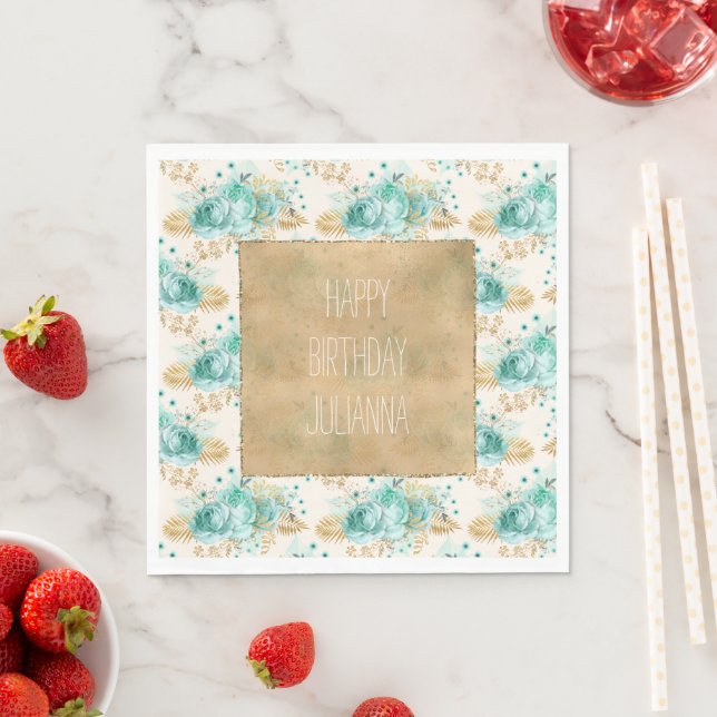 Serviette En Papier Aqua Cream Gold Floral (En situation)