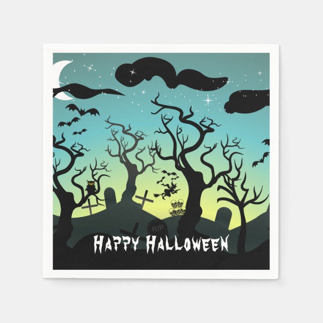 Serviette En Papier Aqua et cimetière jaune hanté Halloween (Devant)