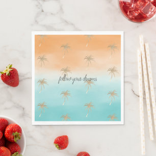 Serviette En Papier Aqua Peach Gold Tropical Palm Trees Ombre